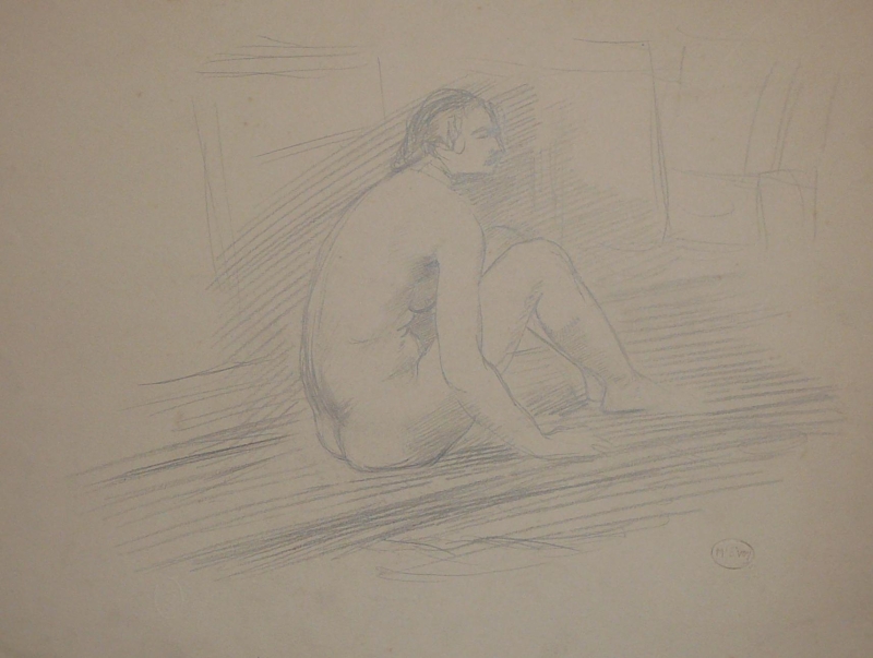 Pencil sketch, seated nude... .1139
